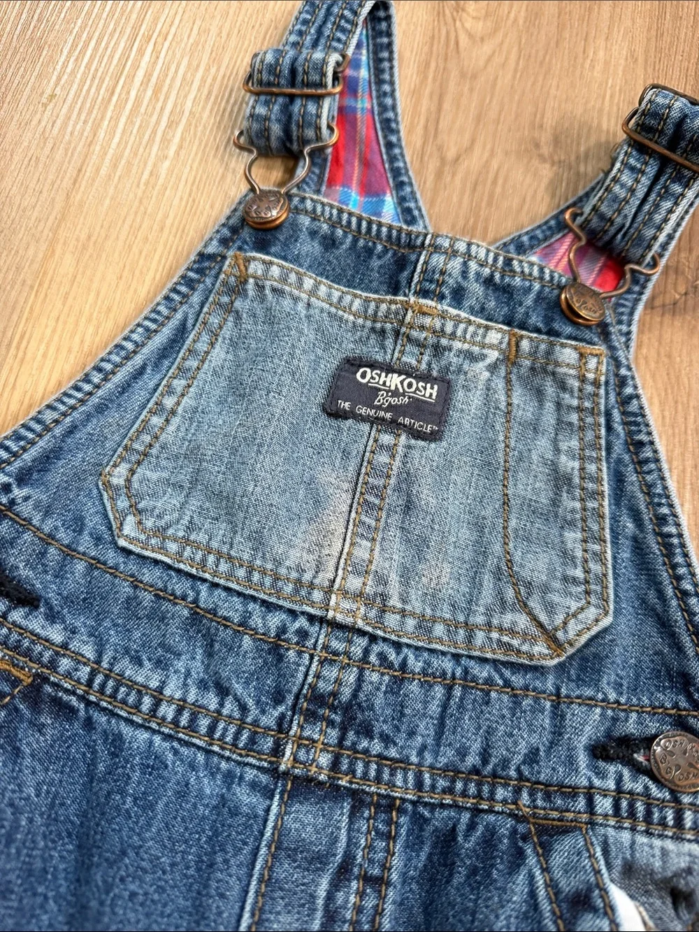 OskKosh B'gosh Denim Overalls Red Flannel  Lining Snap Up Legs Toddler Size 18M